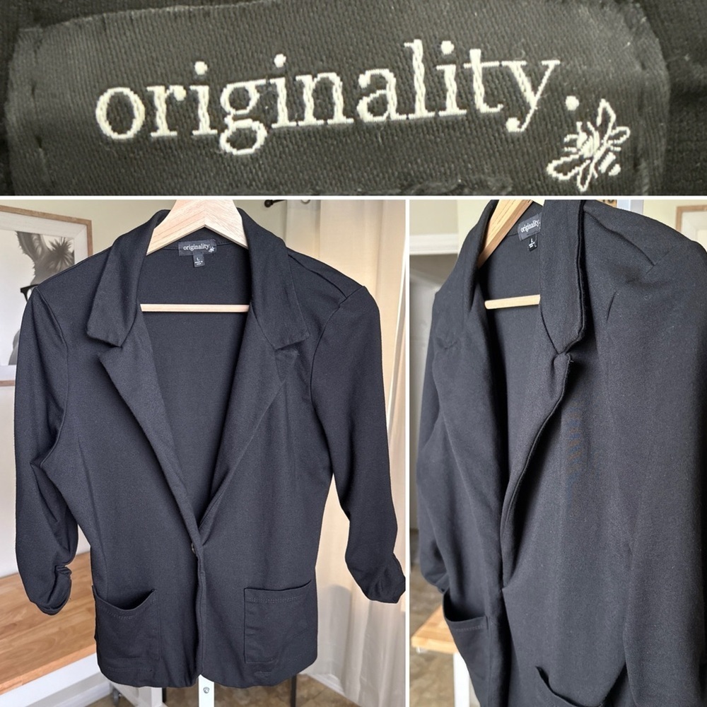 Originality Black Blazer Women's L Made in USA Stretch Jacket 3/4 Sleeve